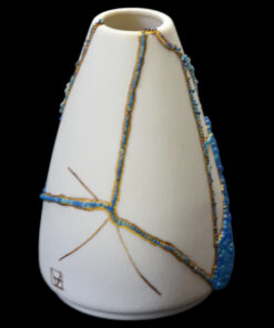 Alternative view of Kintsugi vase with blue glass bubbles