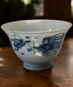 Alternative view of 19th Century Chinese Yunomi, Blue Phoenix, 22-Karat Gold Kintsugi - Rebirth of a Legend