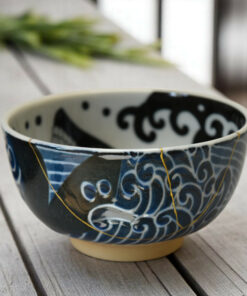 Alternative view of Kintsugi bowl with a whale and stylized waves
