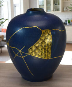 Night Blue Stoneware Vase - Gold Kintsugi and Maki-e