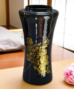 Night Blue Stoneware Vase - Gold Kintsugi and Maki-e