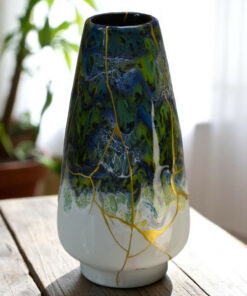 Kintsugi vase with green and blue enamel