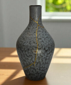 Alternative view of Blue Stoneware Vase - Gold Kintsugi and Maki-e
