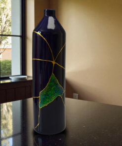 Wabi-Sabi Blue Vase: Gold Kintsugi & Beetle Wing Inlay