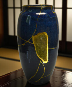 Blue kintsugi vase with bark