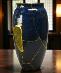 Alternative view of Blue kintsugi vase with bark