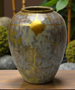 Mineral Rebirth: Japanese Stoneware Vase with Gold Kintsugi