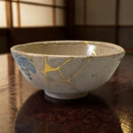 Close-up of a ceramic bowl with blue designs and gold crackle lines on a dark wooden table