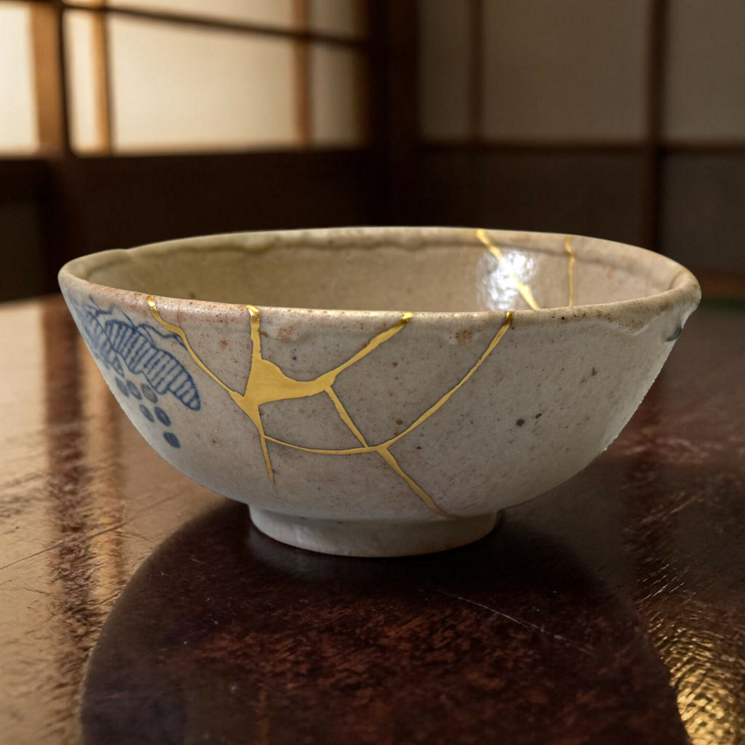 Close-up of a ceramic bowl with blue designs and gold crackle lines on a dark wooden table