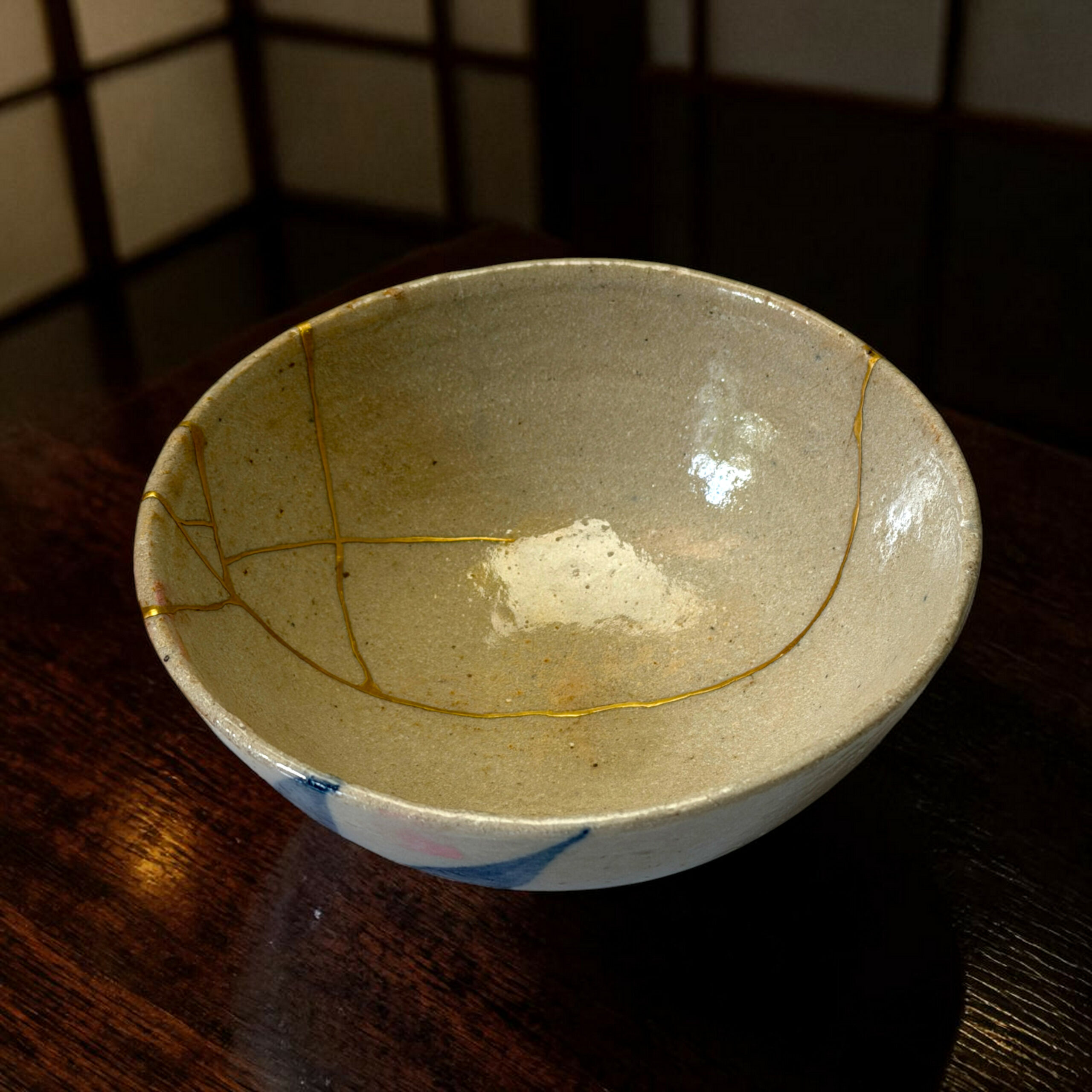 Close-up of a light gray ceramic bowl with gold vein detailing on a dark wooden table (cropped view).
