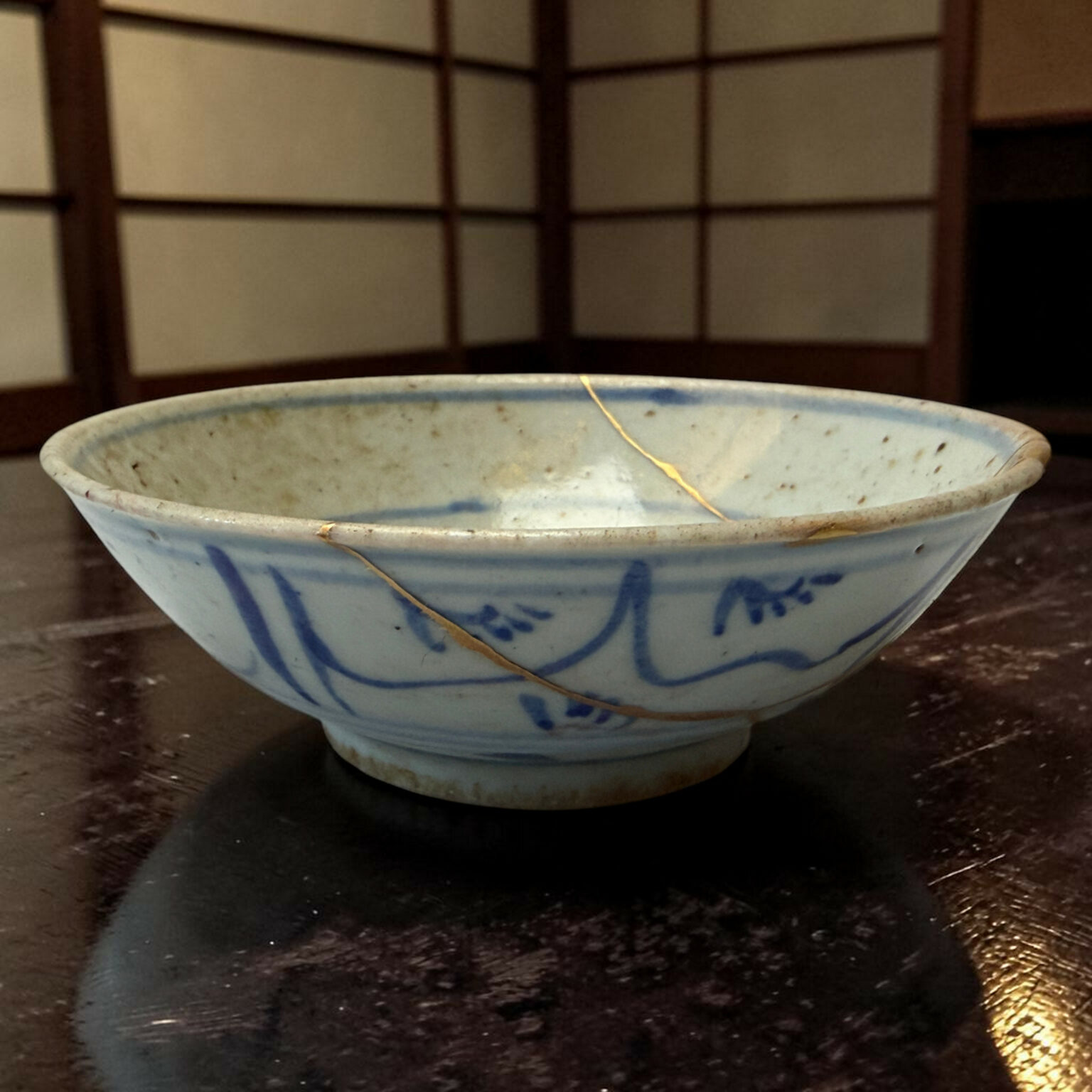 Blue-and-white ceramic bowl with a crackle glaze sitting on a dark wooden table, background shows a wooden lattice screen (shoji).