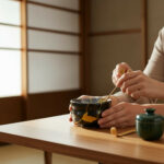 Hands hold a black ceramic bowl with gold patterns, using chopsticks to pick up a small round item on a wooden table with a green teapot nearby.