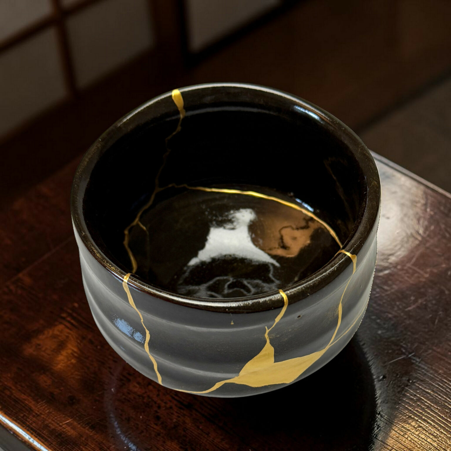 Close-up of a black ceramic pot with gold glaze veining on a wooden table surface.