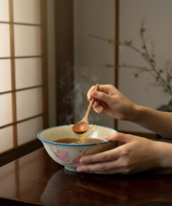 Hands hold a ceramic bowl of steaming soup as a wooden spoon stirs inside.
