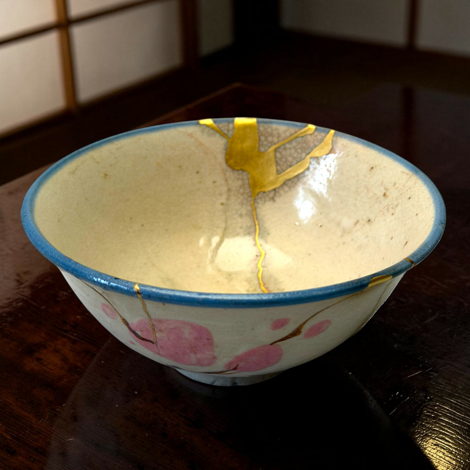 Close-up of a ceramic bowl with a blue rim and pink decorative patterns resting on a dark wooden table.
