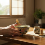 Hands whisking matcha in a ceramic bowl on a wooden table by a sunlit window.