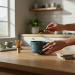 Person sprinkles matcha powder into a blue ceramic bowl on a wooden kitchen counter, with a bamboo whisk nearby.