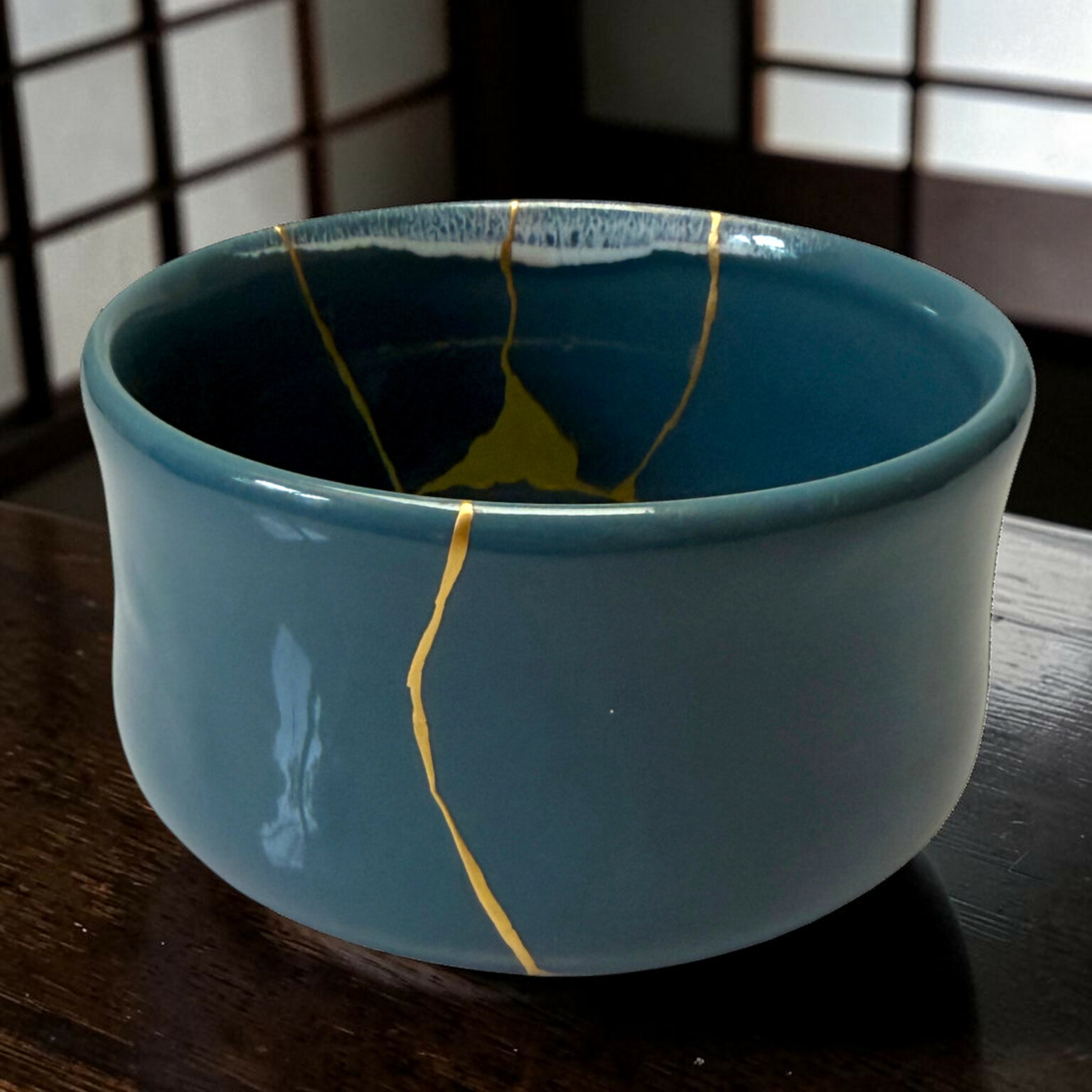 Blue ceramic mug with gold crack lines running along the rim, resting on a dark wooden surface.