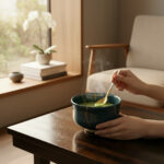 Person holding a steaming bowl of green soup with a spoon, sitting at a wooden table by a window.