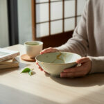 Person cradling a ceramic bowl at a sunlit table, with a cup, books, and a green leaf nearby.