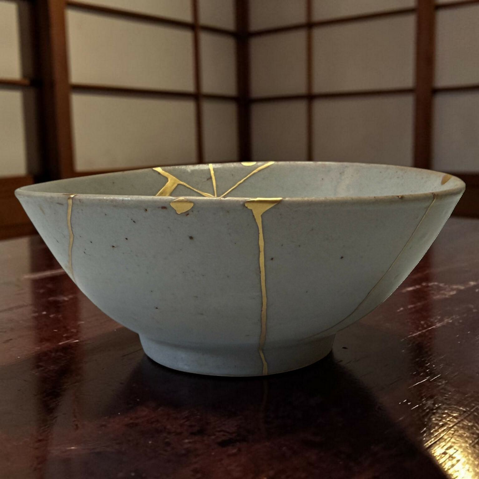 Pale blue ceramic bowl with gold-kintsugi cracks along its rim, resting on a dark wooden table.