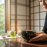 Person softly holds a black ceramic bowl with gold crackle design during a calm tea ceremony setup at a wooden table.