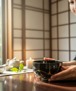Person softly holds a black ceramic bowl with gold crackle design during a calm tea ceremony setup at a wooden table.