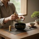 Person using a bamboo whisk to sift matcha powder into a black bowl on a wooden table.