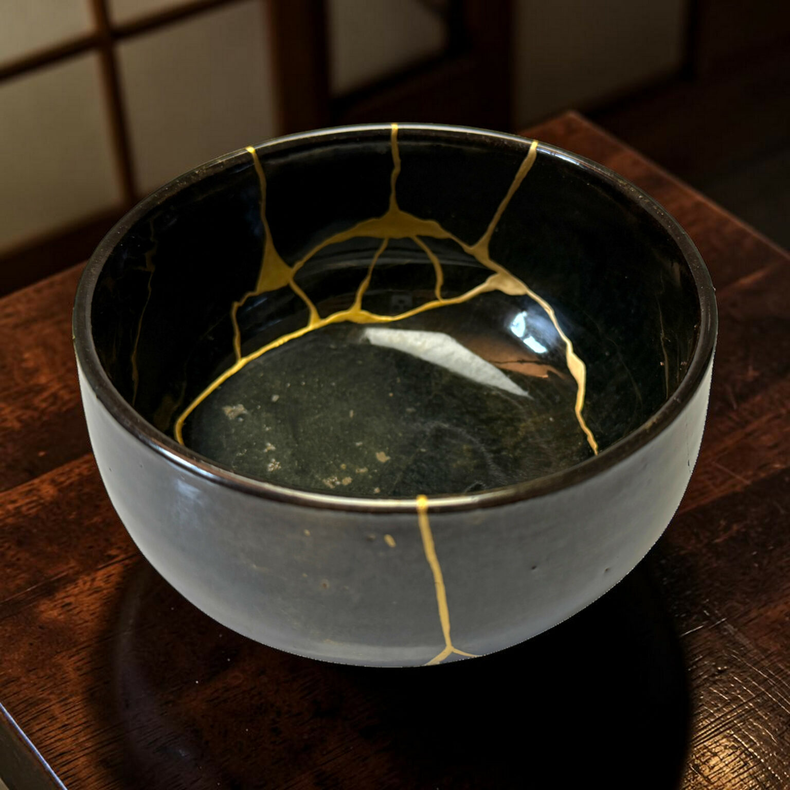 Close-up of the rim of a dark pot with yellow stringy streaks along the inside edge.