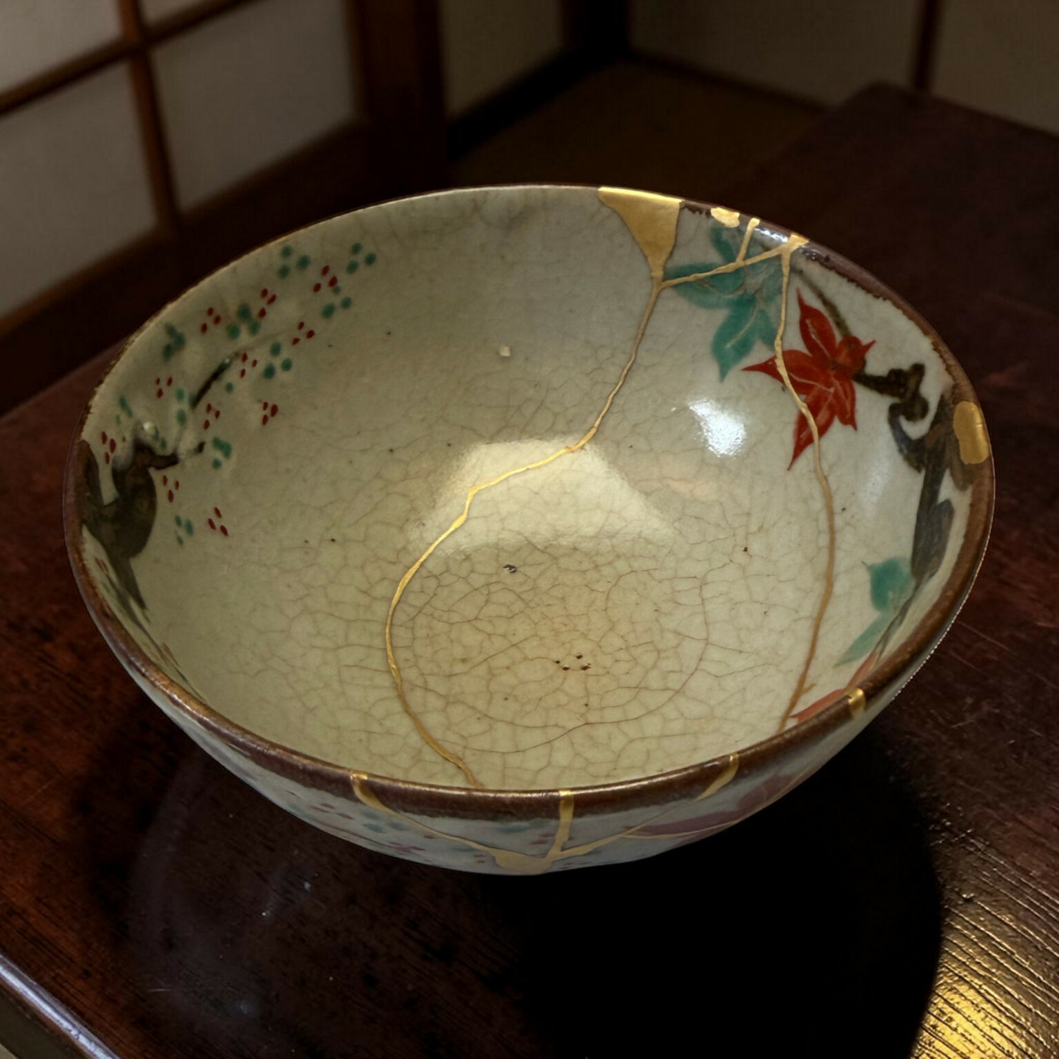 Ceramic plate with gold-kintsugi repairs and blue/red floral décor, close-up.