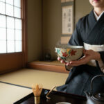 Person in a dark kimono presenting a ceramic tea bowl with a leaf pattern in a traditional Japanese room.