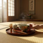 Hand holding a steaming decorated teacup on a round wooden tray with tea utensils in a sunlit Japanese-style room.