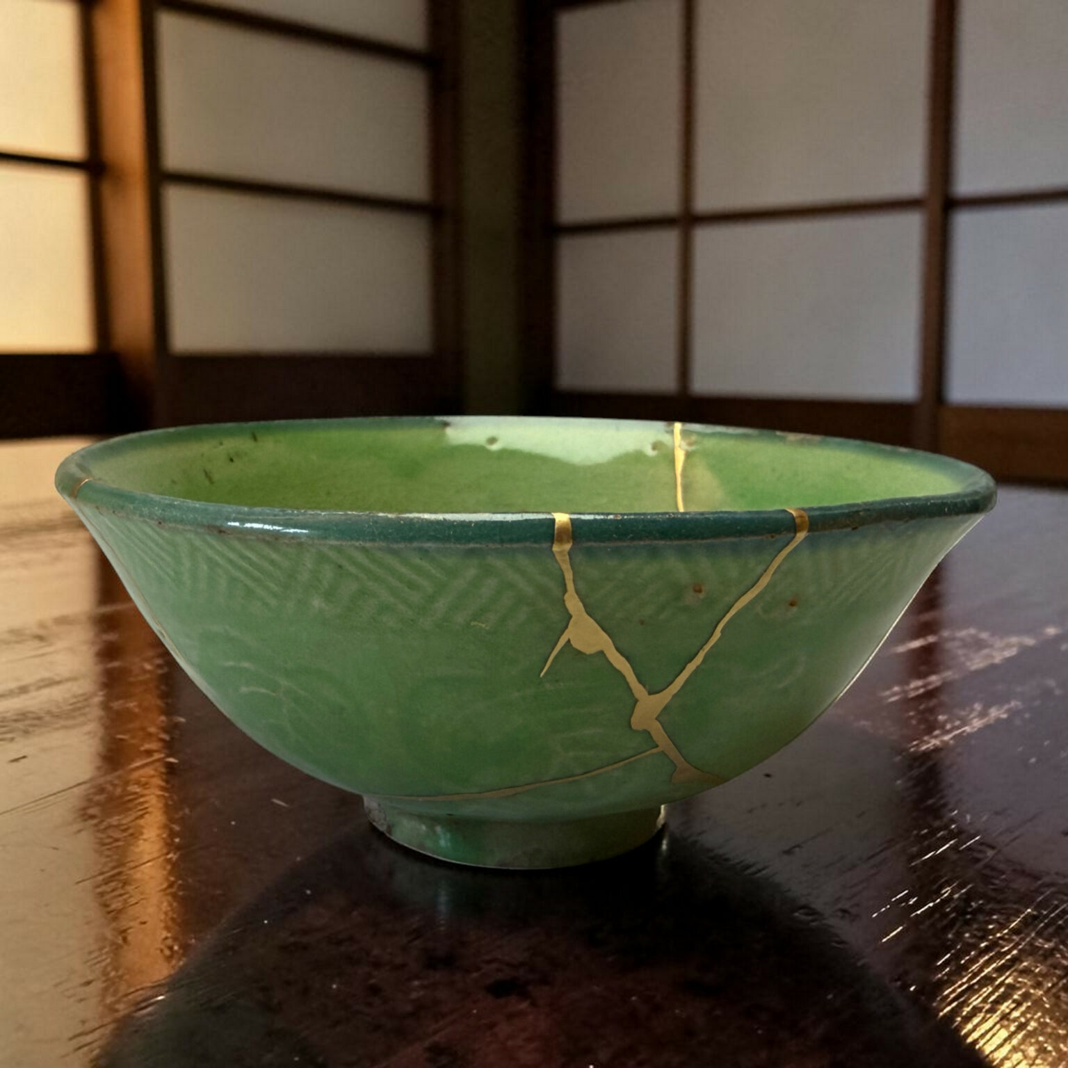 Green ceramic bowl with a lightly cracked glaze sits on a dark wooden table, a grid-pattern backdrop behind it