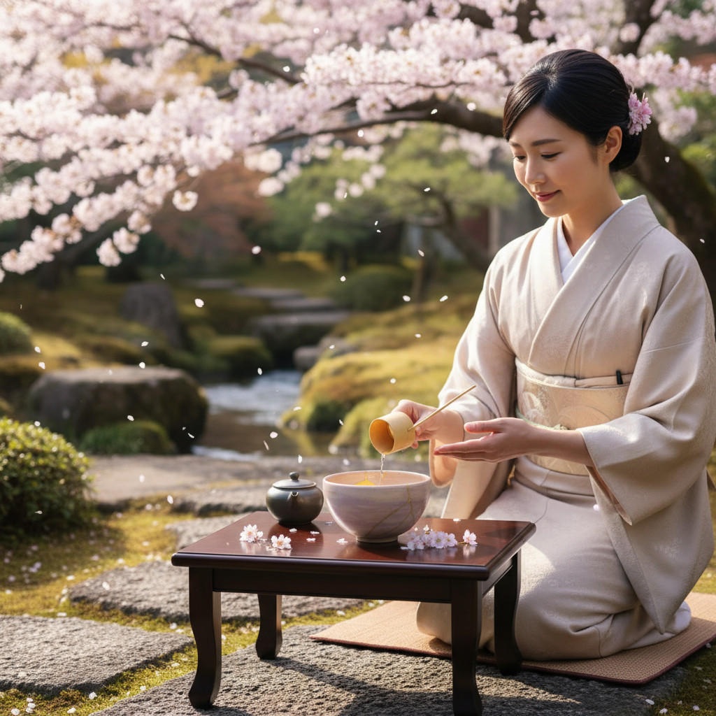 Woman in a cream kimono kneels on a tatami mat, pouring tea from a teapot into a cup on a low wooden table amid cherry blossoms.