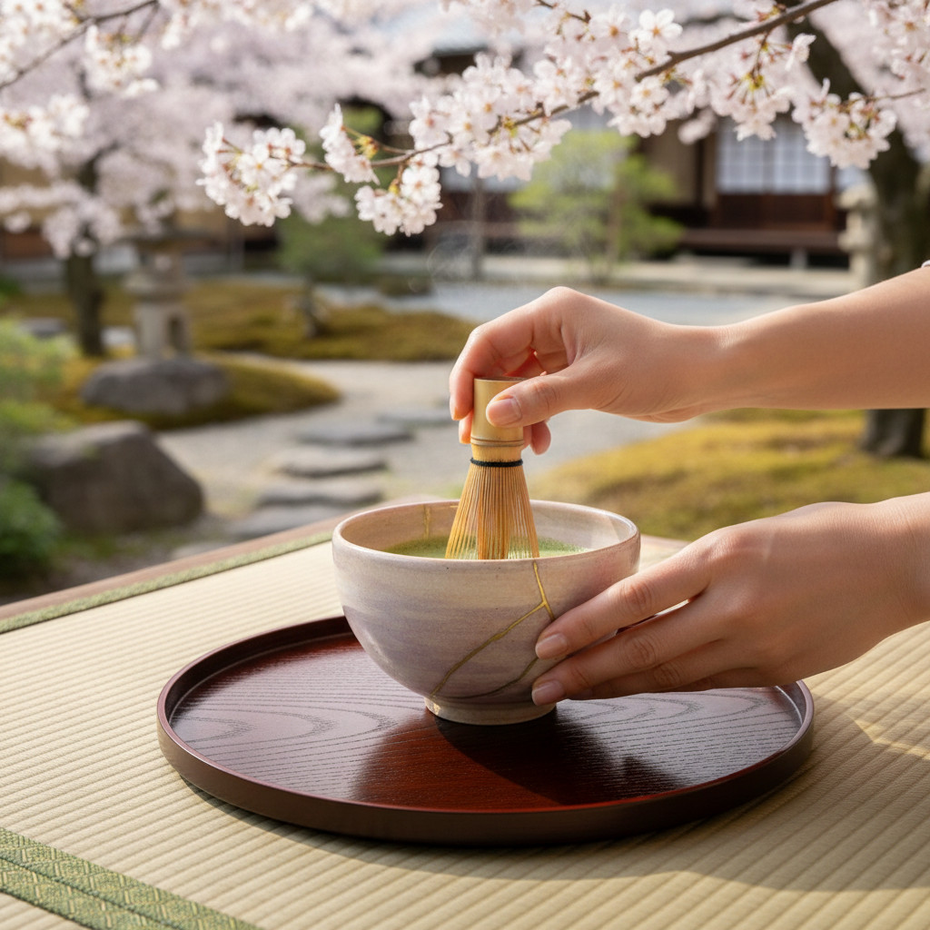 Hands whisking matcha tea in a ceramic bowl on a dark wooden tray, with cherry blossoms overhead in a tranquil Japanese garden