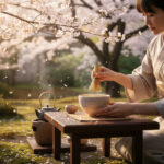 Person in a traditional kimono performs a tea ceremony outdoors, whisking matcha in a ceramic bowl under cherry blossoms.
