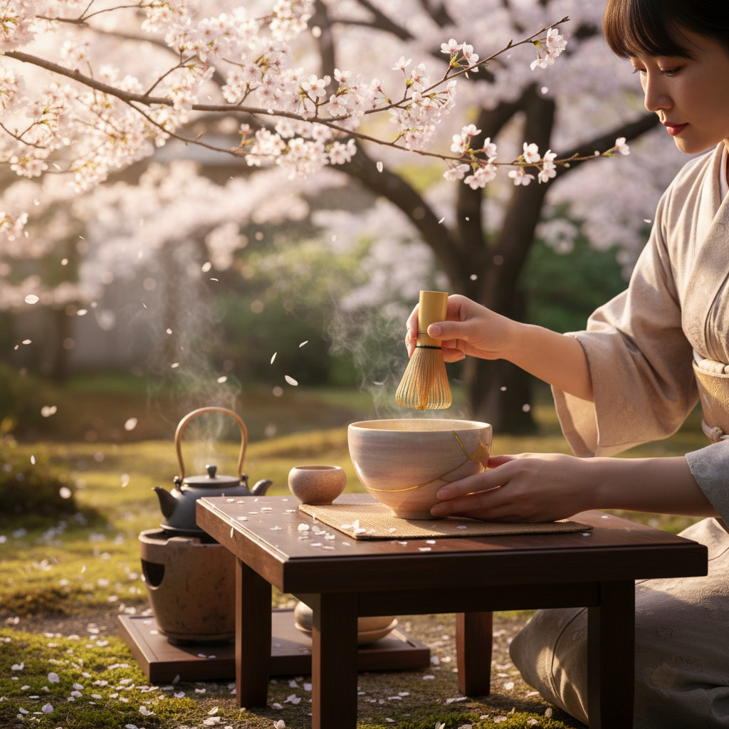 Person in a traditional kimono performs a tea ceremony outdoors, whisking matcha in a ceramic bowl under cherry blossoms.