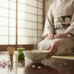 Person in a traditional kimono performing a Japanese tea ceremony with a steaming bowl, whisk, and green tea container nearby on a wooden floor.
