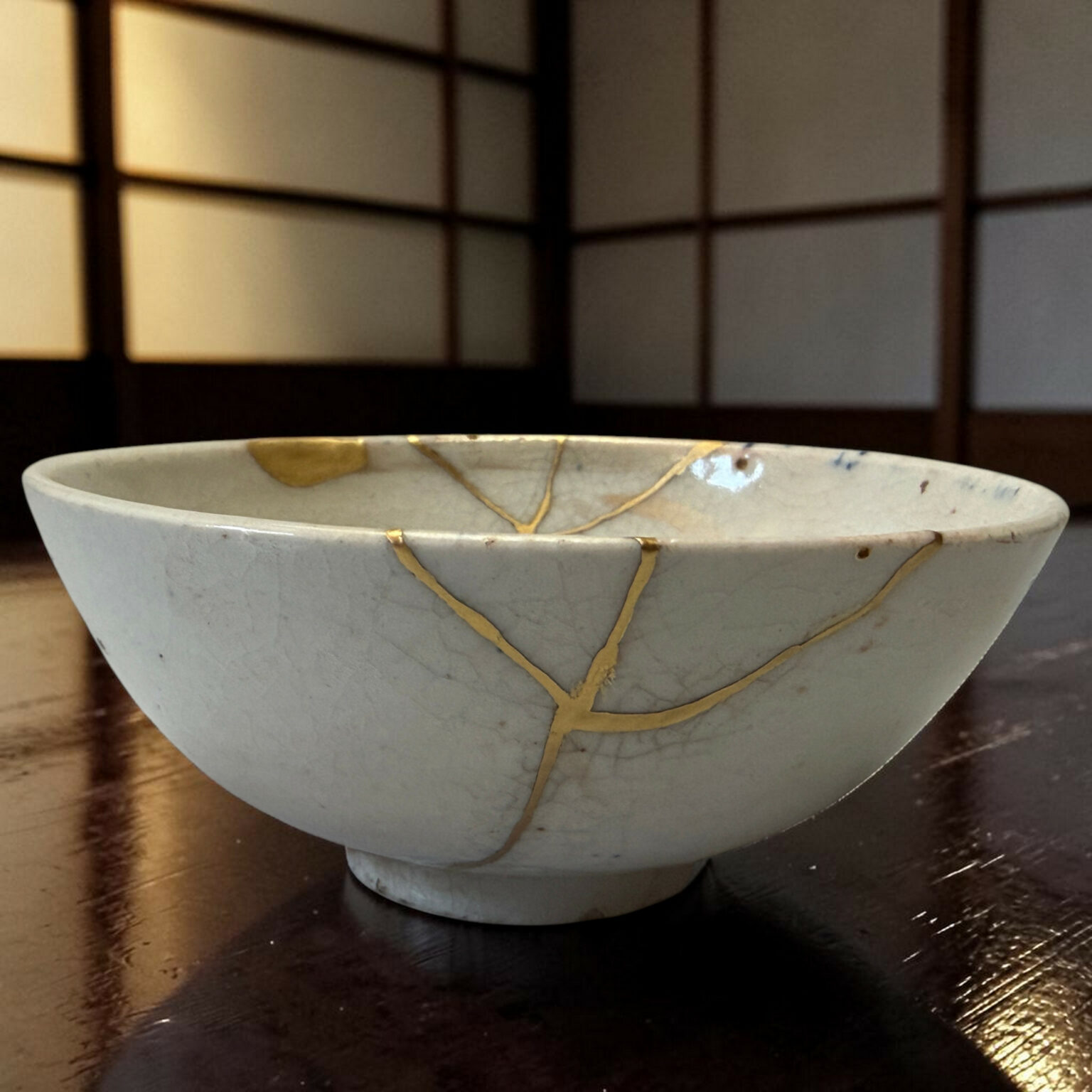 Close-up of a pale gray ceramic bowl wrapped with gold string, resting on a dark wooden table. behind it is a shoji-style screen with dark wooden frames.