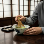 Person whisking matcha tea in a ceramic bowl with a bamboo whisk in a traditional setting.