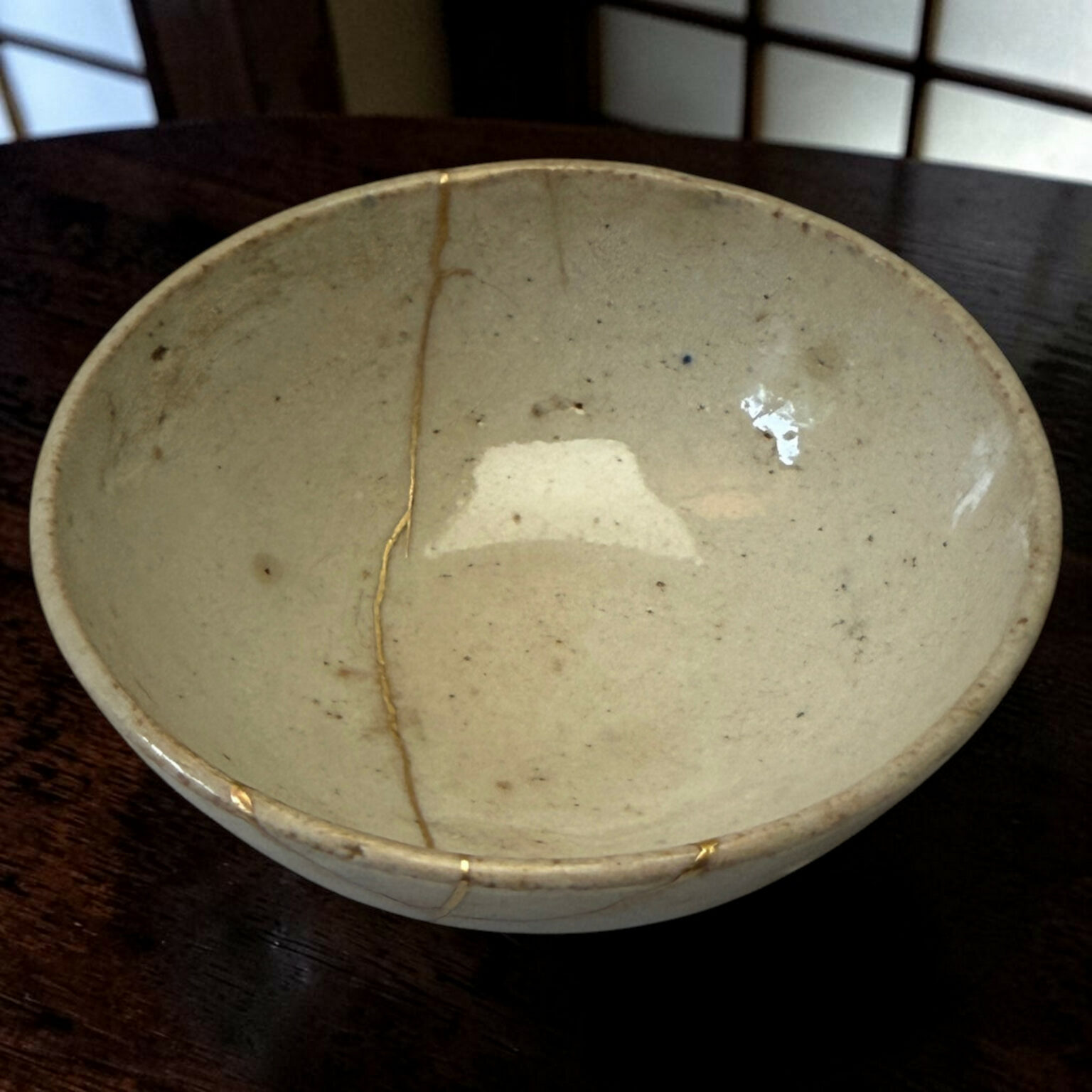 Light gray speckled ceramic bowl resting on a dark wooden table, photographed from the top edge view with seam lines visible along the glaze.