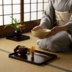 Person in a kimono cradles a steaming ceramic bowl during a traditional Japanese tea ceremony on a tatami mat, with utensils nearby.