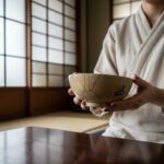 Person in a light robe holds a ceramic bowl with gold kintsugi cracks in a Japanese-style room with shoji screens behind him/her.