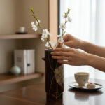 Hands arrange white blossoms in a tall, dark vase on a wooden table, with a cup and plate of dessert nearby.