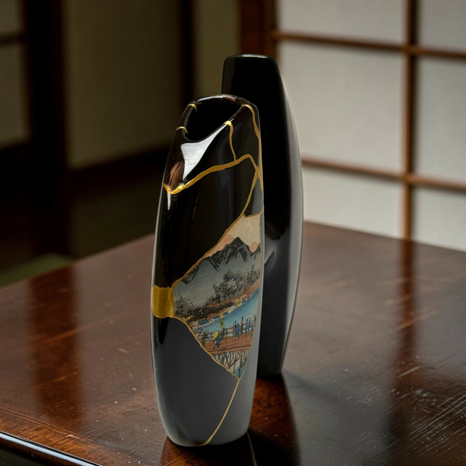 Close-up of a glossy black vase with a yellow-and-blue mountain landscape painting, on a wooden table.
