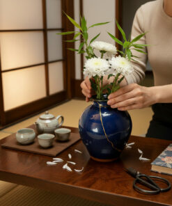 Person arranging white chrysanthemums in a dark blue vase on a wooden table, with a tea set and scissors nearby in a cozy room.