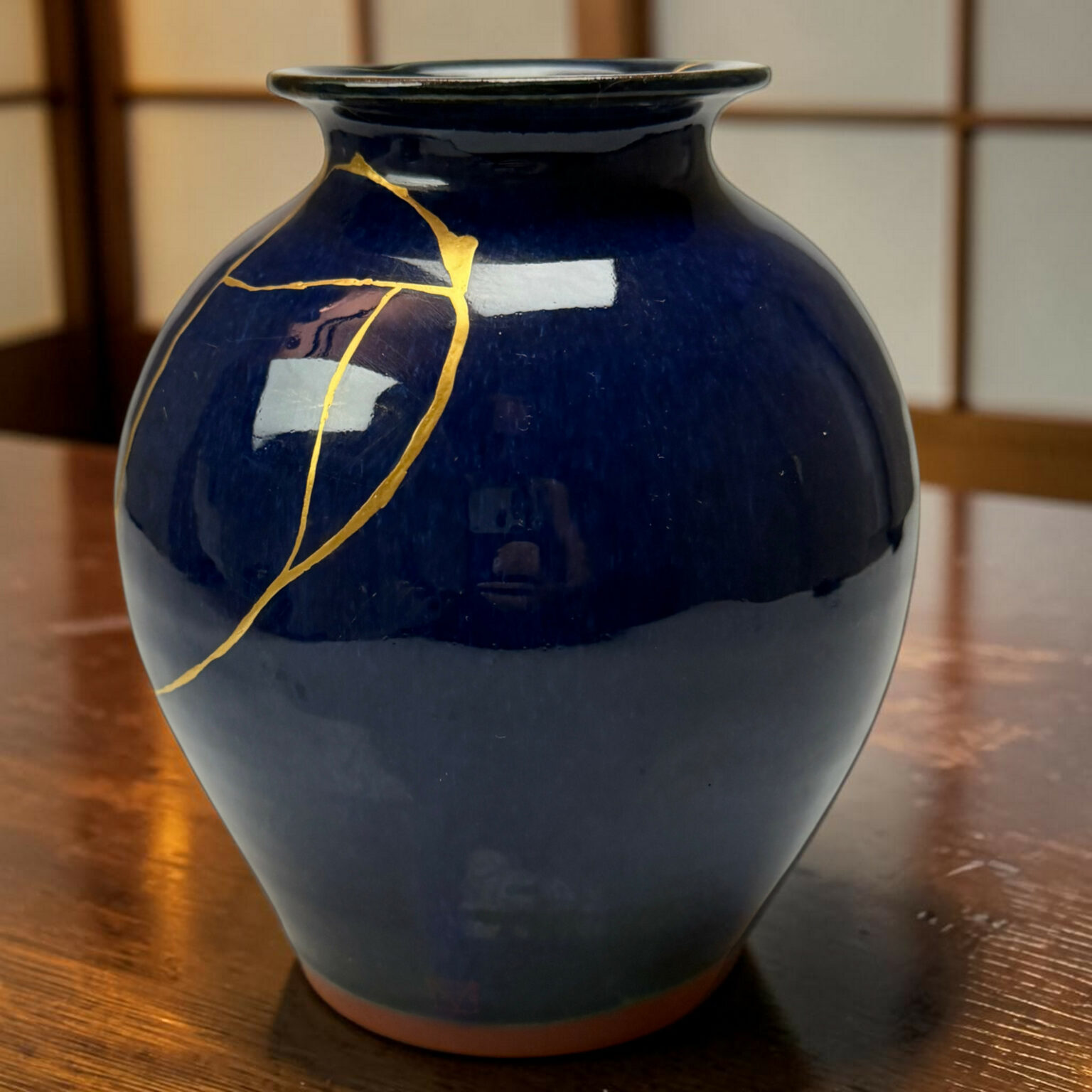 Close-up of a deep blue ceramic vase with gold kintsugi cracks on a wooden table surface.