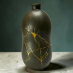 Dark ceramic vase with gold repair seams (kintsugi) on a gray floor against a green wall; vertical, close-up shot.