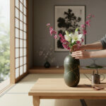 Hands arrange a green vase with white lilies and pink blossoms on a wooden table in a Japanese-style room with shoji screens.