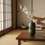 Hands arranging white blossoms in a dark ceramic vase with gold veins on a wooden table in a Japanese-style room with shoji screens and tatami flooring.